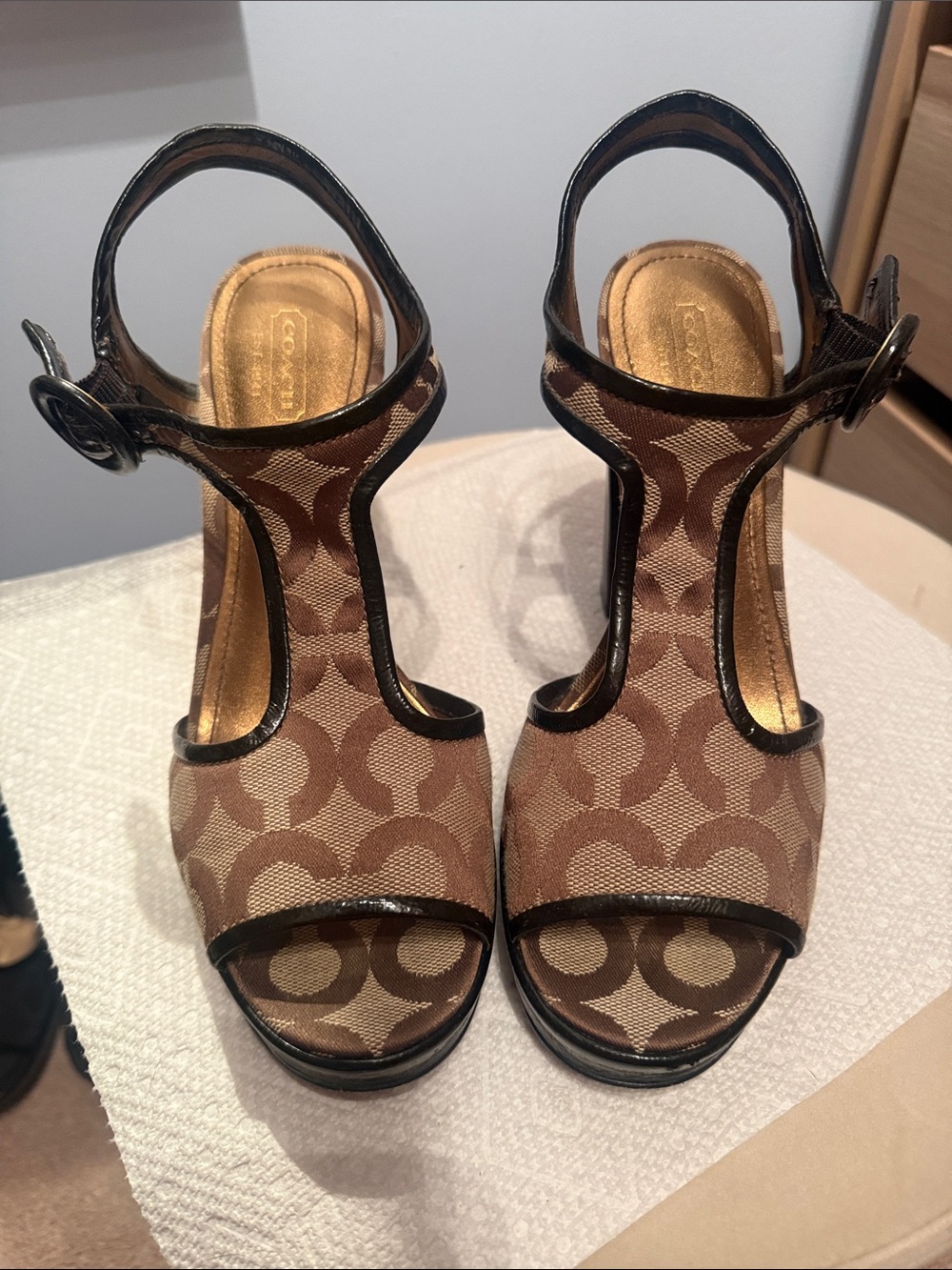 Coach Brown Signature Canvas T-Strap Platform Heels with Black Trim